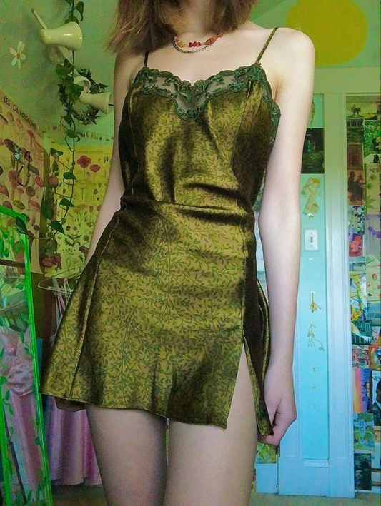 Olive Green Spaghetti Straps Satin Print Floral Slit Homecoming Dress Vintage Short Prom Dress D570