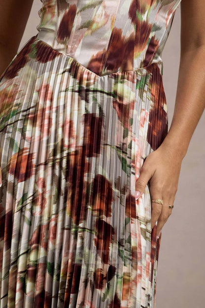 Dress Cream Floral Print Satin Corset Style Midi Dress Prom Dress Sweetheart A-line Fairy-Tale Lace Up Bridesmaid Dress