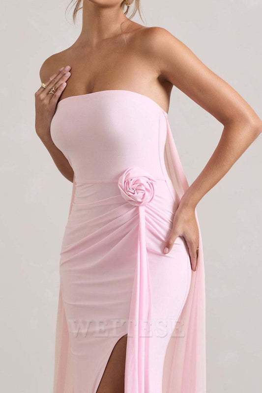 Dress Pink Strapless Wrap Cape Maxi Dress With Corsage Bridesmaid Dress Strapless Floor Length With Train Prom Dress