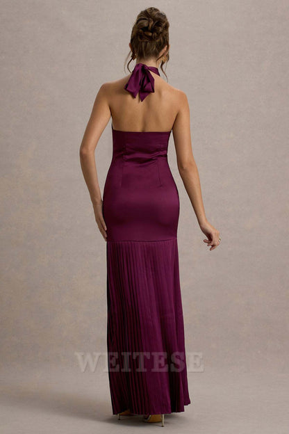 Dress Burgundy Satin Cross Halter-Neck Plisse Maxi Dress Prom Dress Lace Up Sleeveless Hem Slit Bridesmaid Dress