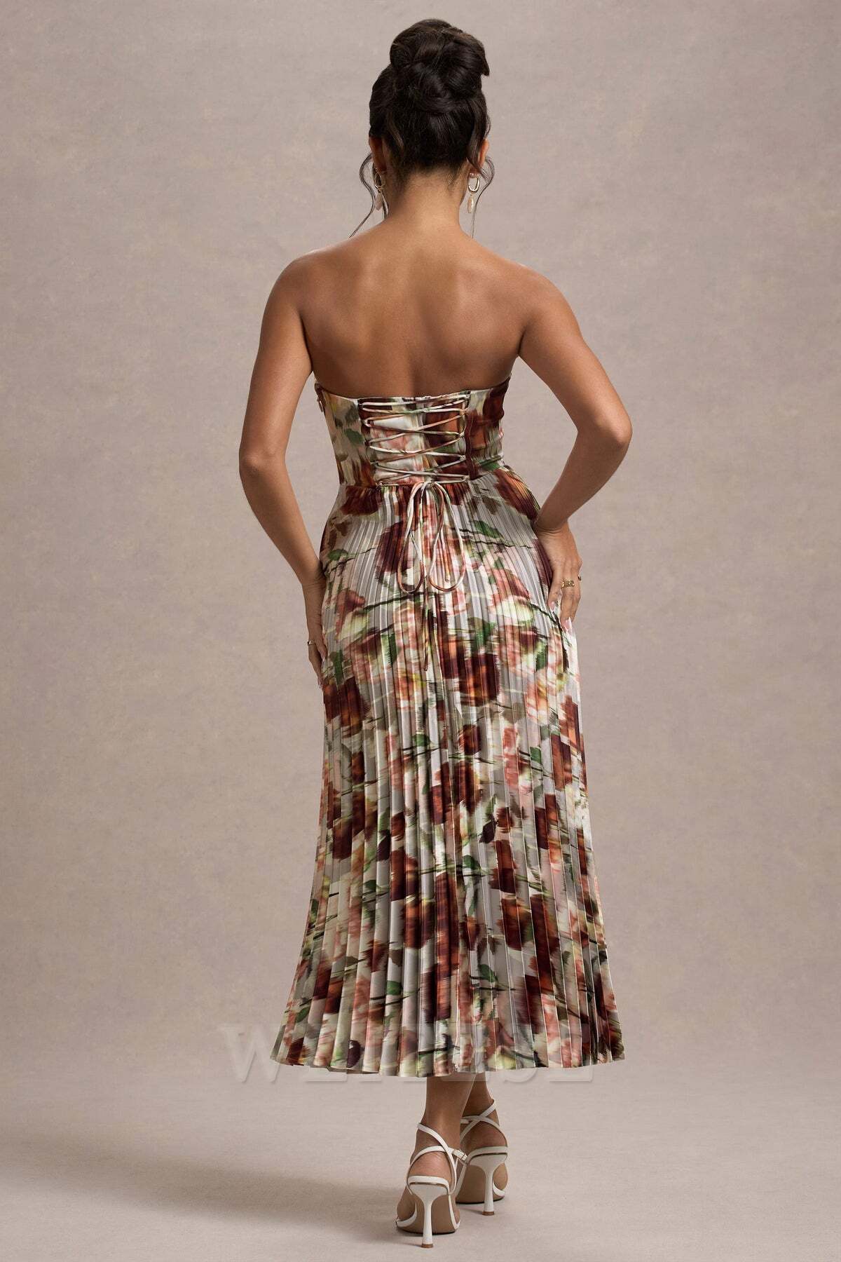 Dress Cream Floral Print Satin Corset Style Midi Dress Prom Dress Sweetheart A-line Fairy-Tale Lace Up Bridesmaid Dress