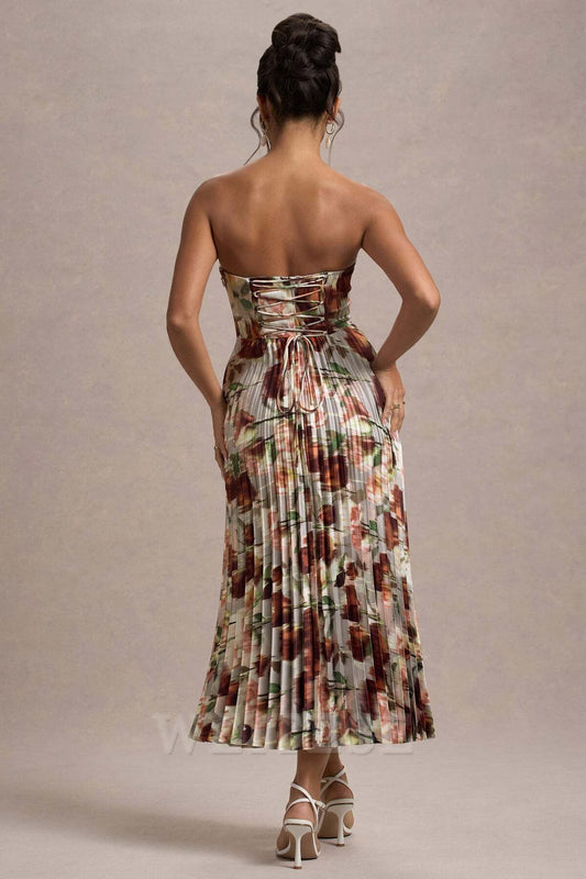 Dress Cream Floral Print Satin Corset Style Midi Dress Prom Dress Sweetheart A-line Fairy-Tale Lace Up Bridesmaid Dress