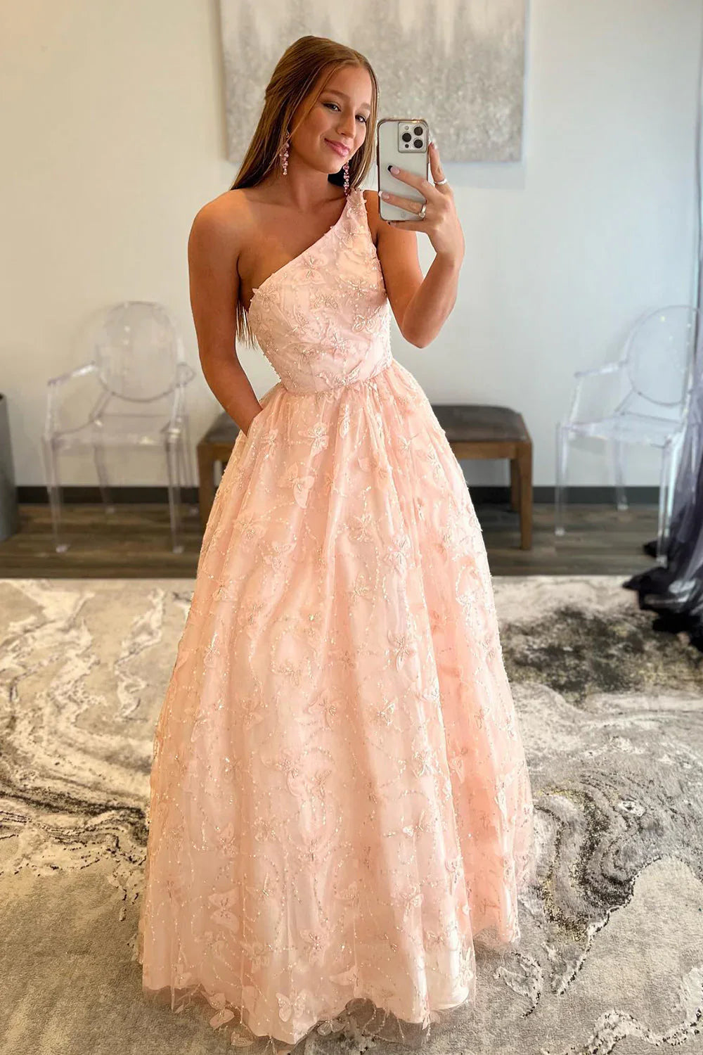 One Shoulder Appliques Light Pink Prom Dress With Pockets