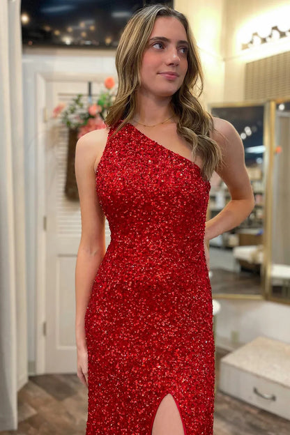 Mermaid Sequins Red One Shoulder Prom Dress With Slit