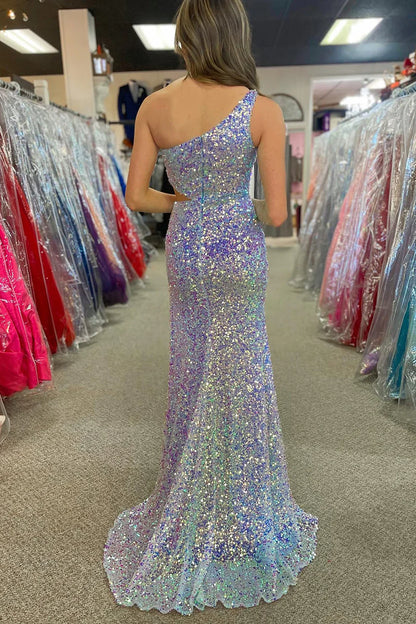 Sequins Glitter Mermaid Light Blue  One Shoulder Prom Dress With Slit