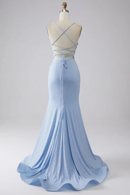 Sparkly Mermaid Light Blue Prom Dress With Slit