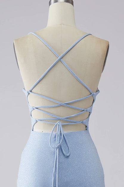 Sparkly Mermaid Light Blue Prom Dress With Slit