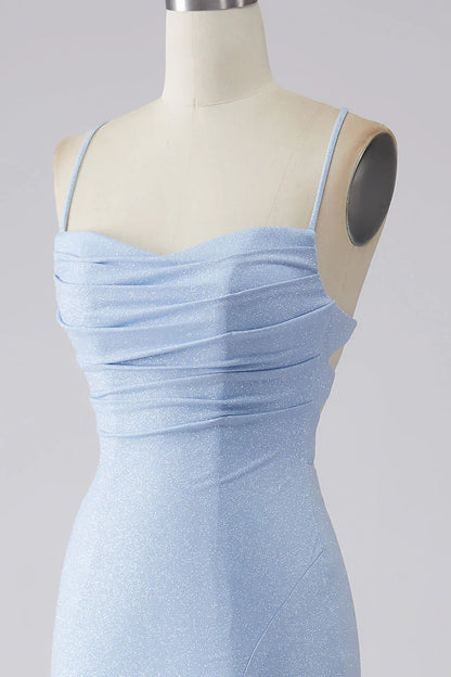 Sparkly Mermaid Light Blue Prom Dress With Slit