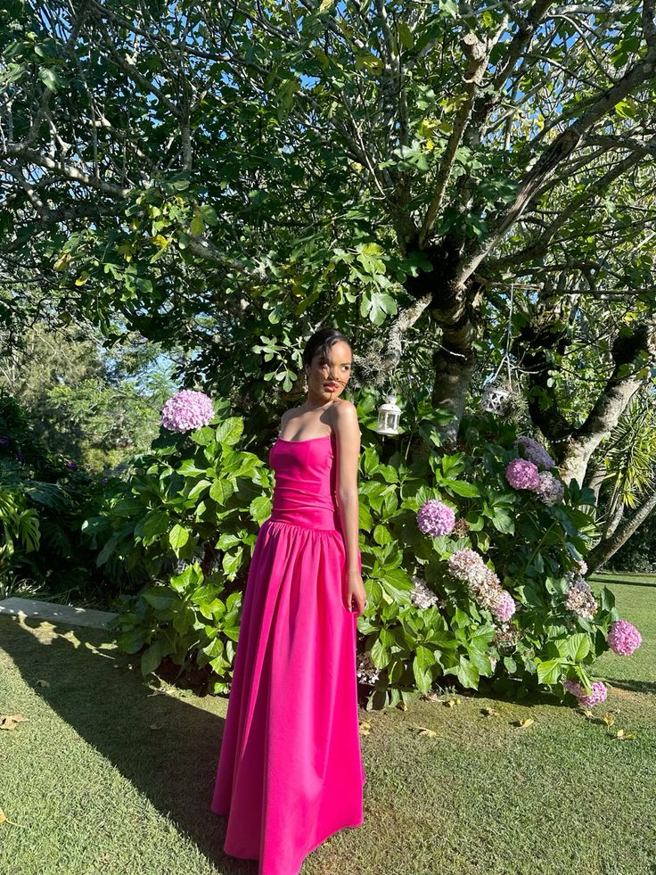 Fashion Hot Pink Satin A Line Long Bridesmaid Dress Formal Wedding Guest Dress D1156