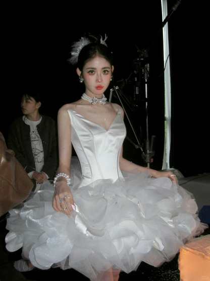 Cute A Line Strapless White Satin Tulle Short Party Dress Birthday Dress SH2926