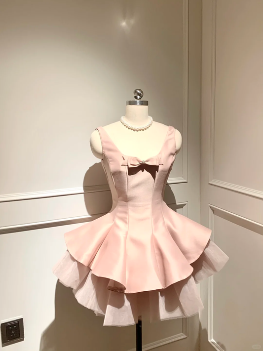 Cute A Line Strap Bow Light Pink Tulle Satin Short Homecoming Dress Cocktail Dress SH3088