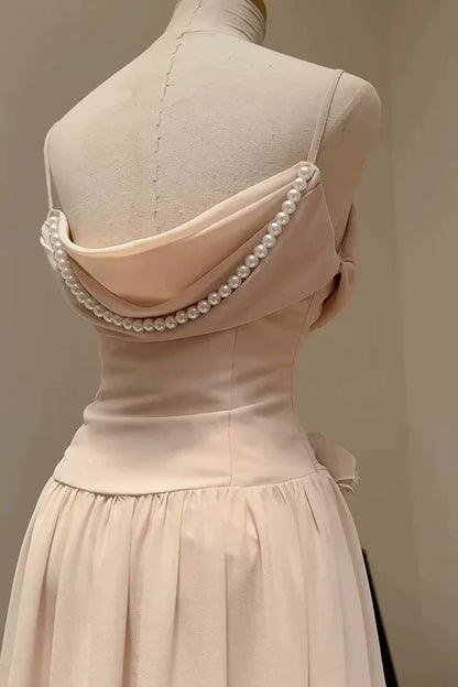 Pink Elegant Ruffle Spaghetti Strap Pearl Beading A-Line Sleeveless Long Chiffon Evening Gown Ball Gown Bridesmaid Dresses gh4194