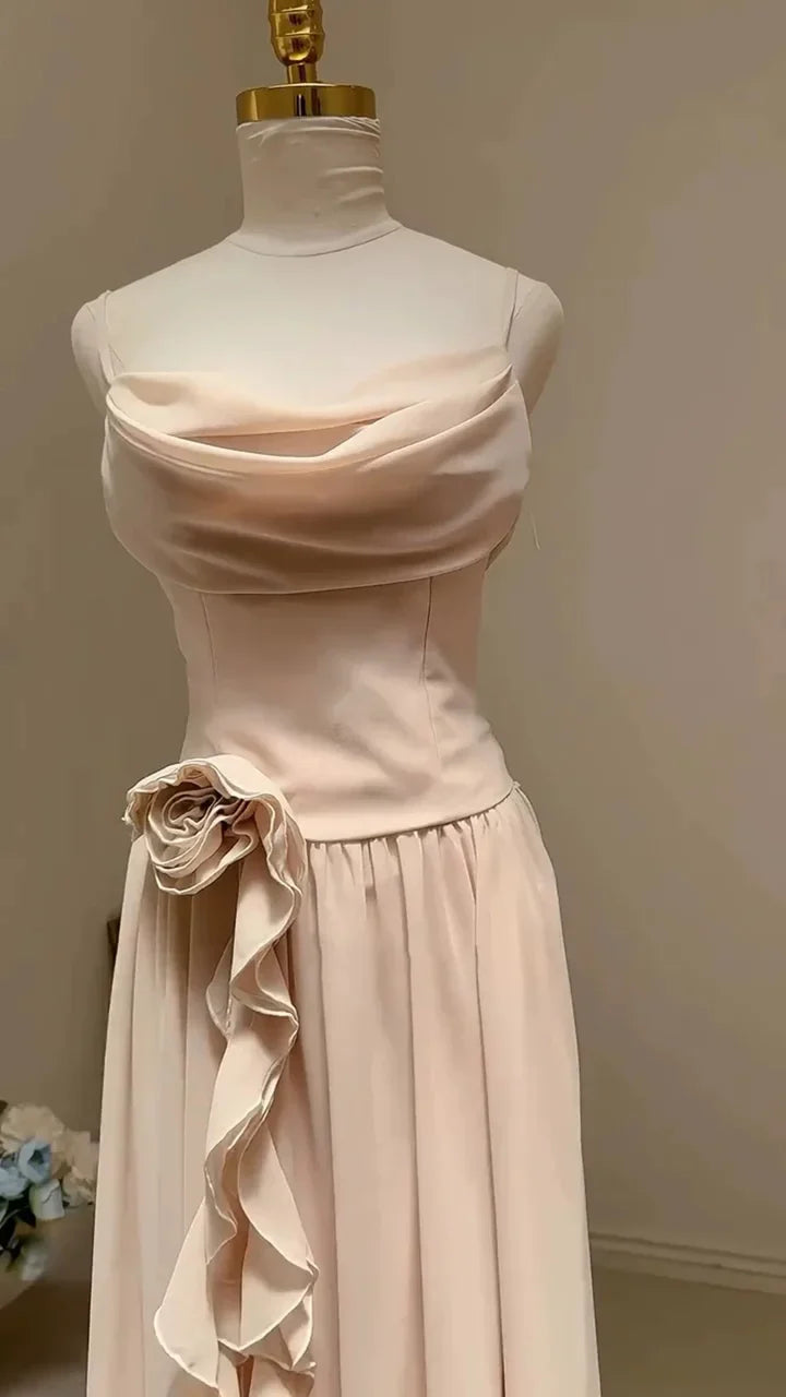 Pink Elegant Ruffle Spaghetti Strap Pearl Beading A-Line Sleeveless Long Chiffon Evening Gown Ball Gown Bridesmaid Dresses gh4194