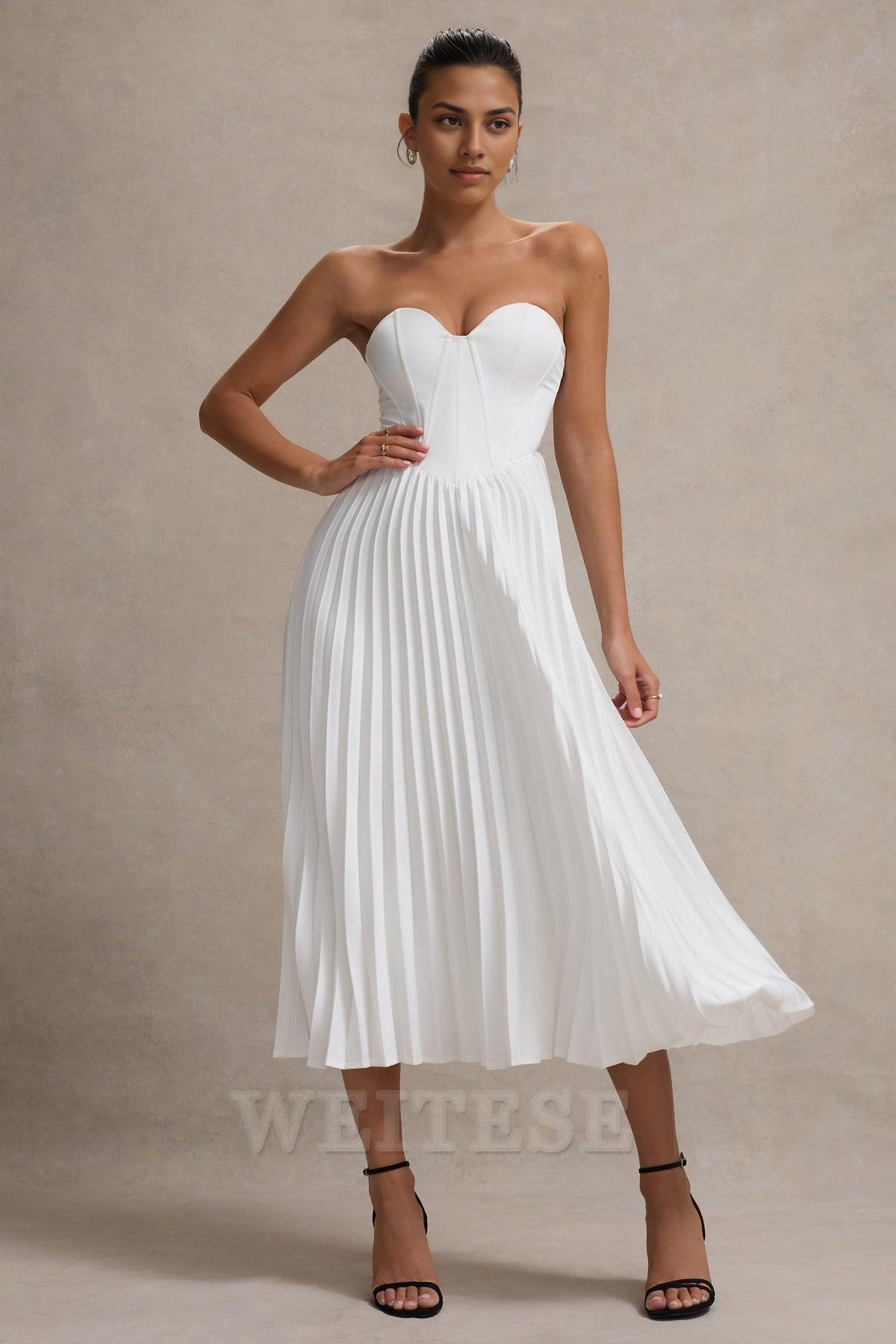 Dress Lemon Satin Corset Style Midi Dress Bridesmaid Dress Sweetheart Strapless A-line Pleated Prom Dress