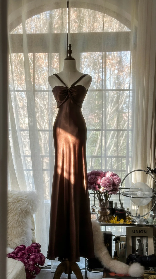 Sexy Mermaid Halter Brown Satin Long Open Back Party Dress Evening Dress SH2940