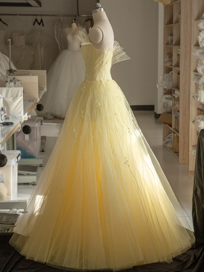 Stunning A Line Strapless Flower Light Yellow Tulle Long Prom Dress Evening Dress SH2993