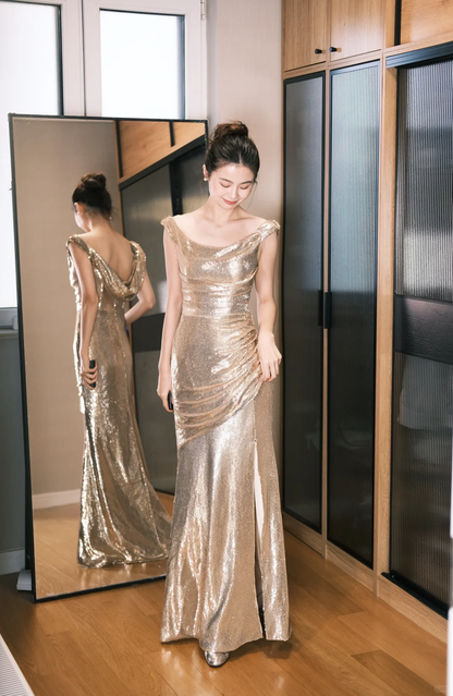 Shiny A Line Straps Golden Sequin Long Party Dress Wedding Guest Dress with Slit SH2929