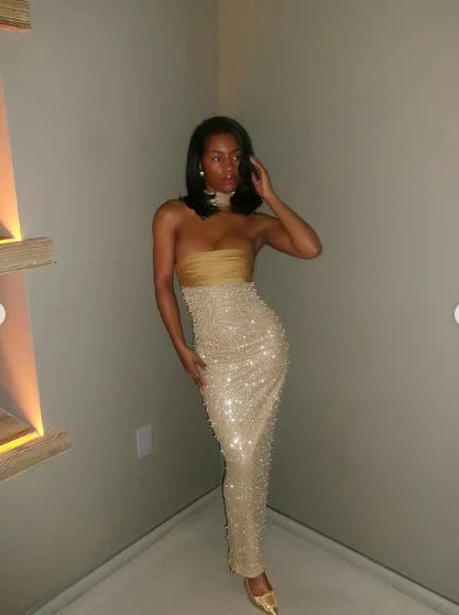 Shiny Sheath Strapless Long Yellow Sequin Satin Party Dresses Prom Dresses SH2898