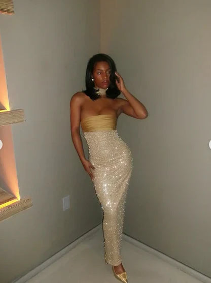 Shiny Sheath Strapless Long Yellow Sequin Satin Party Dresses Prom Dresses SH2898