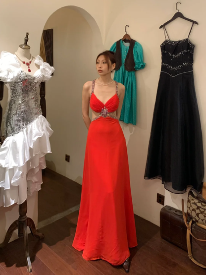 Vintage A Line Spaghetti Strap Red Beaded Sequin Chiffon Long Open Back Prom Dress Evening Dress SH2972