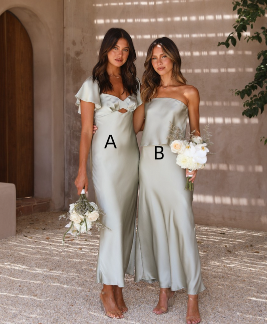Simple A Line Sage Green Satin Evening Dress Bridesmaid Dress SH2702