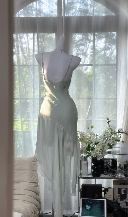 Sexy Light Green Chiffon Lace Pleated Mermaid Long Party Dress Prom Dresses D940