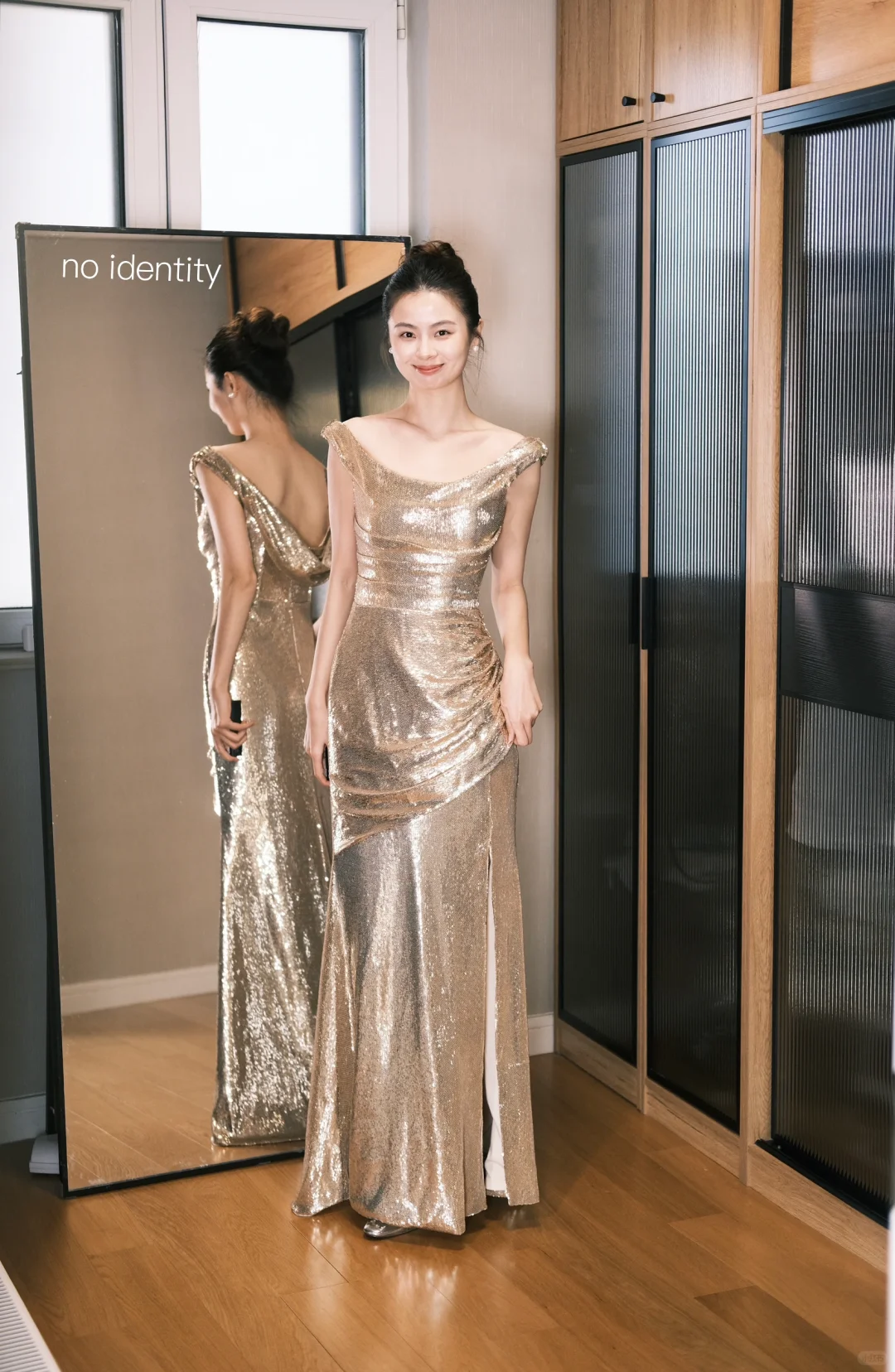 Shiny A Line Straps Golden Sequin Long Party Dress Wedding Guest Dress with Slit SH2929