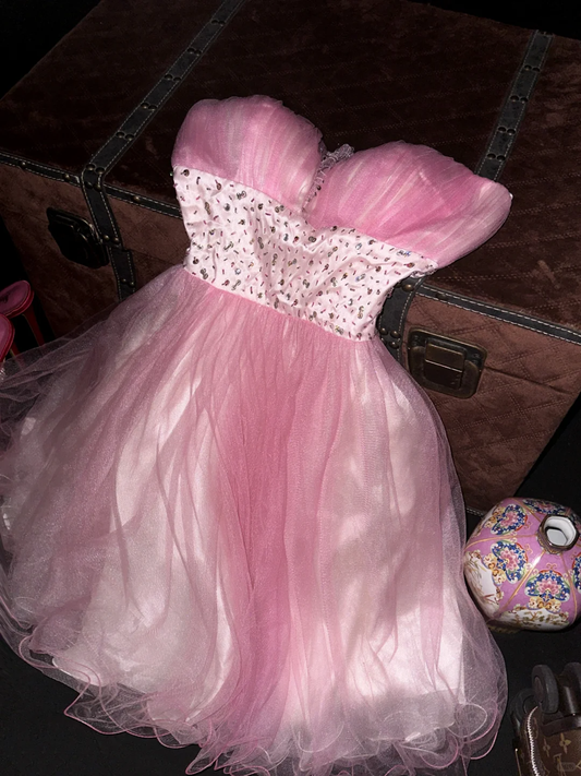 Cute A Line Sweetheart Neck Beaded Pink Tulle Satin Short Homecoming Dress Cocktail Dress SH3101