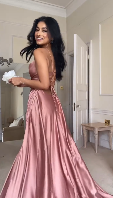 Stylish Spaghetti Straps Pink A Line Slit Bridesmaid Dress Long Prom Dress D962