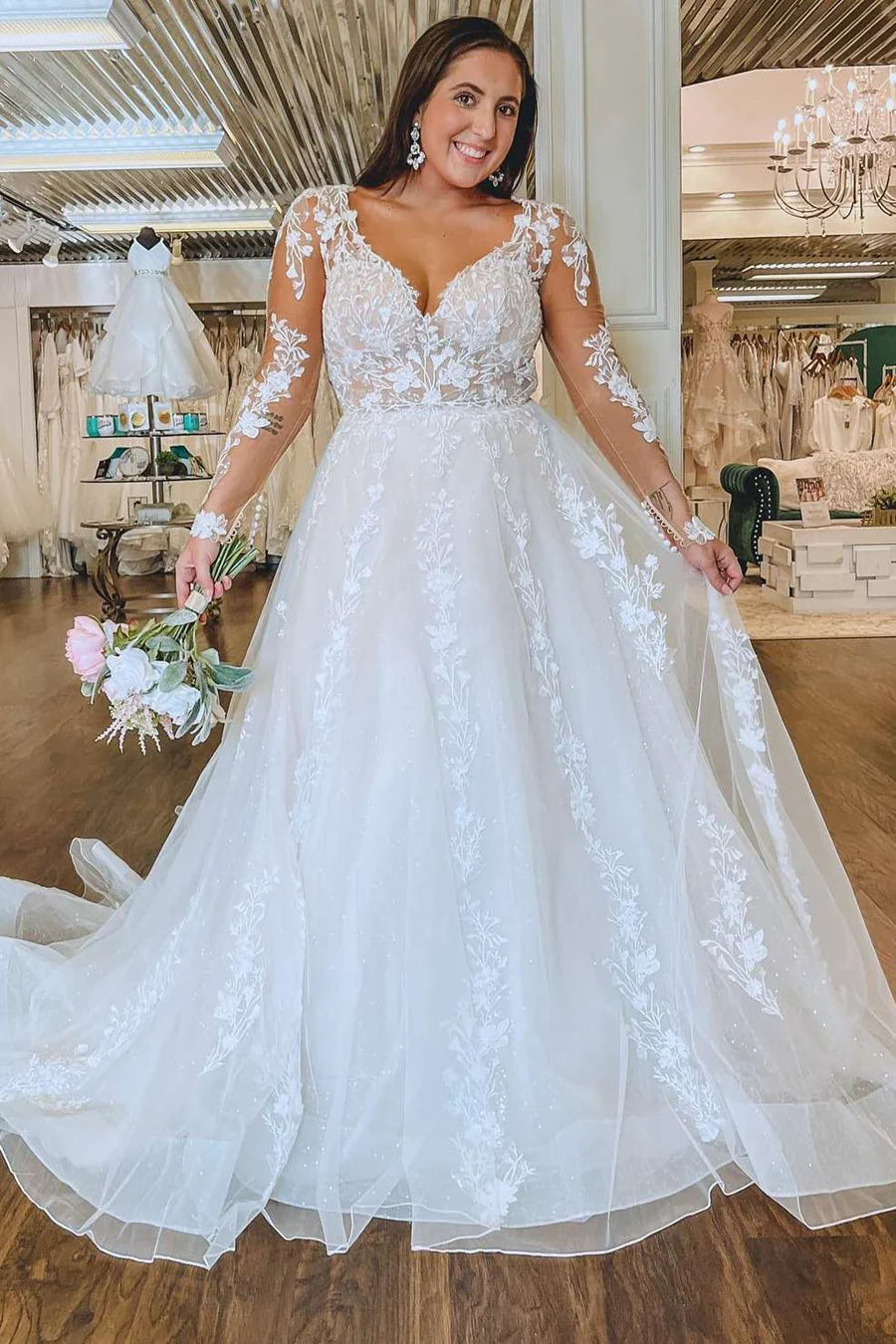Deep V Neck Floral Lace Long Sleeve Wedding Dress