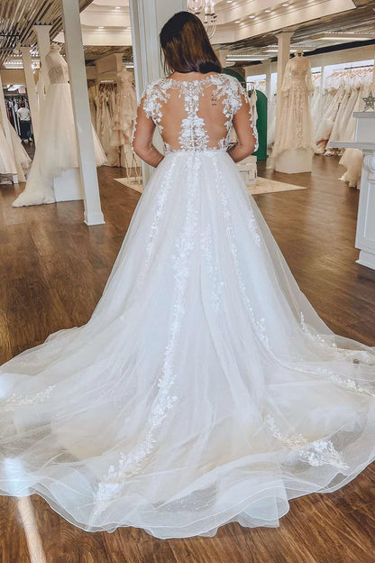 Deep V Neck Floral Lace Long Sleeve Wedding Dress