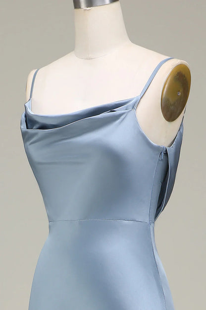 Sheath Spaghetti Straps Satin Long Bridesmaid Dress