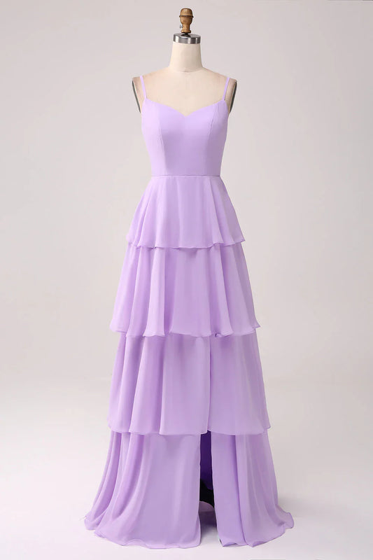 A Line Spaghetti Straps Tiered Chiffon Bridesmaid Dress With Slit
