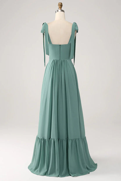 A Line Chiffon Long Bridesmaid Dress With Pleated