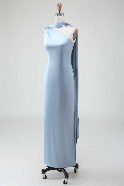 Sheath One Shoulder Satin Long Bridesmaid Dress