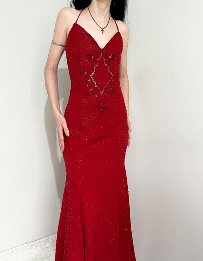 Vintage Mermaid Spaghetti Strap Sequin Beaded Red Chiffon Evening Dress Party Dress SH2690