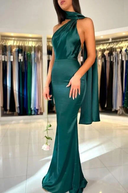 Xuewuba DressClassy Sheath High Neckline Satin Long Party Dress Green Prom Dresses
