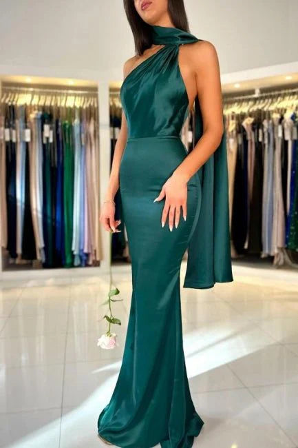 Xuewuba DressClassy Sheath High Neckline Satin Long Party Dress Green Prom Dresses