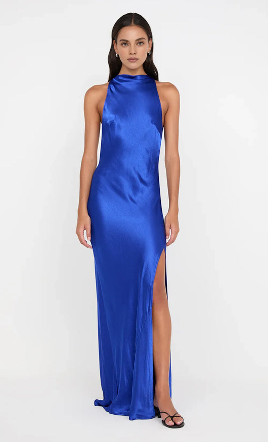 Xuewuba Dress Sexy Backless High Cowl Neck Sleeveless Evening Dress Royal Blue Prom Dress Sheath Side Slit Maxi Dress