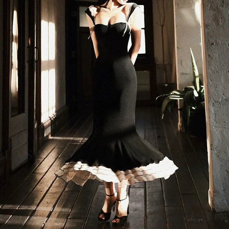 Xuewuba Dress Sexy Mermaid Straps Chiffon Black Prom Dresses Party Dress