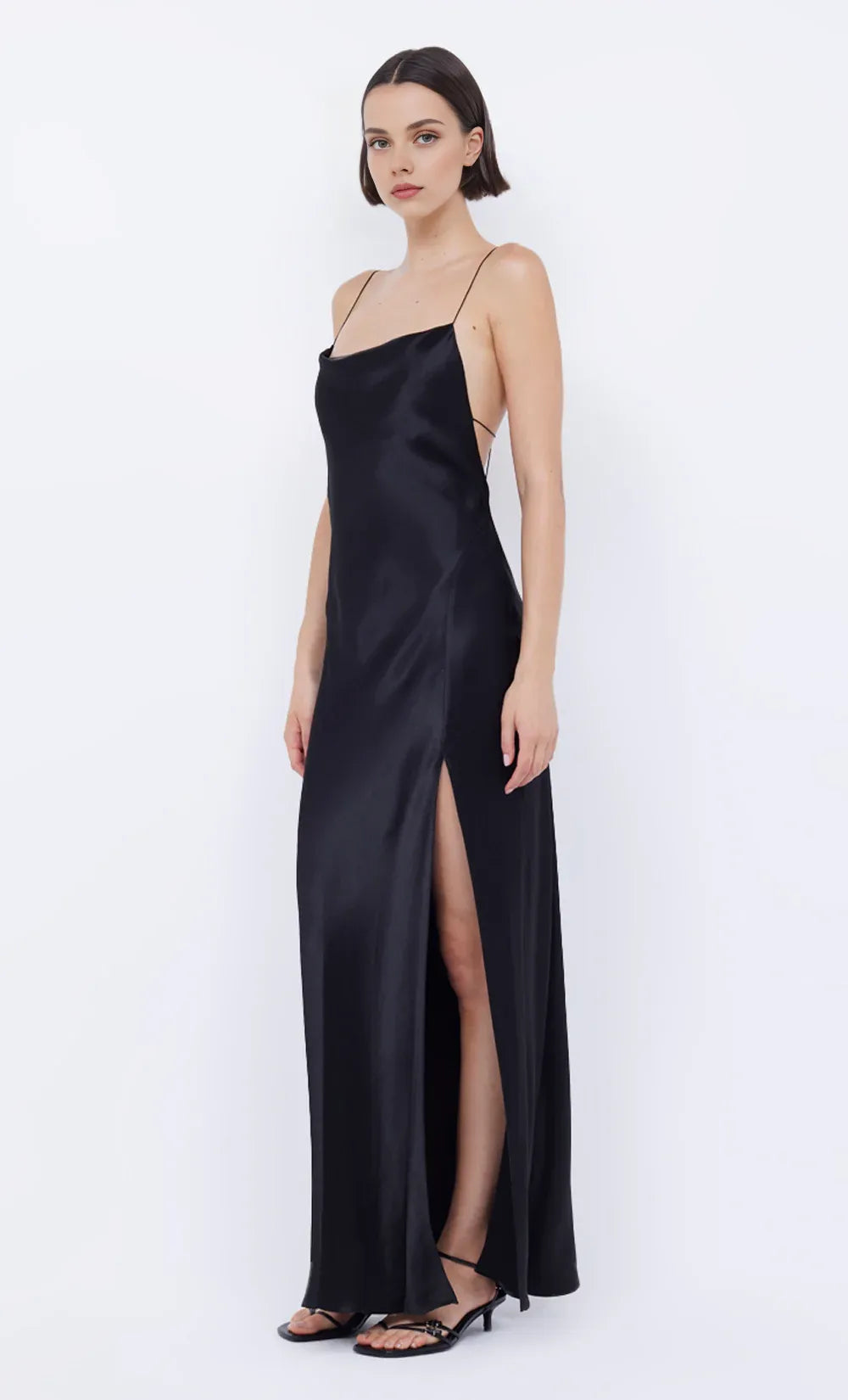 Xuewuba Dress Sexy Spaghetti Straps Cowl Neck Sleeveless Evening Dress Black Prom Dress Side Slit Maxi Dress