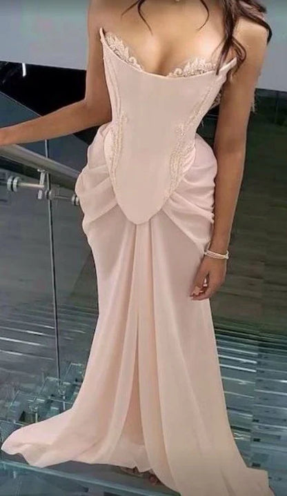 Xuewuba Dress Unique Strapless A Line Pink Prom Dress Lace Up Sleeveless Evening Dress