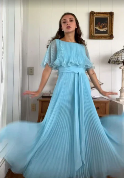 Gentle A Line Round Neck Blue Pleated Chiffon Long Evening Dress Party Dresses SH2905