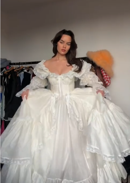 Princess A Line Long Sleeve White Satin Lace Birthday Dress Evening Dress SH2797