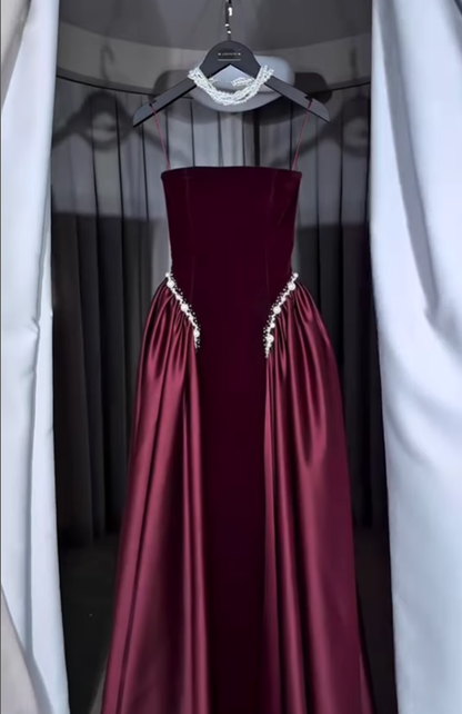 Classy A Line Strapless Pearl Dark Burgundy Velvet Satin Party Dress Wedding Guest Dress SH2923