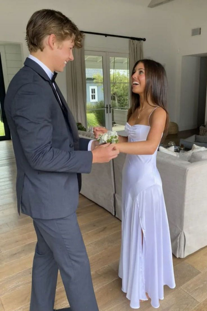 Simple Spaghetti Straps Leg Split Prom Dress Long Evening Gown