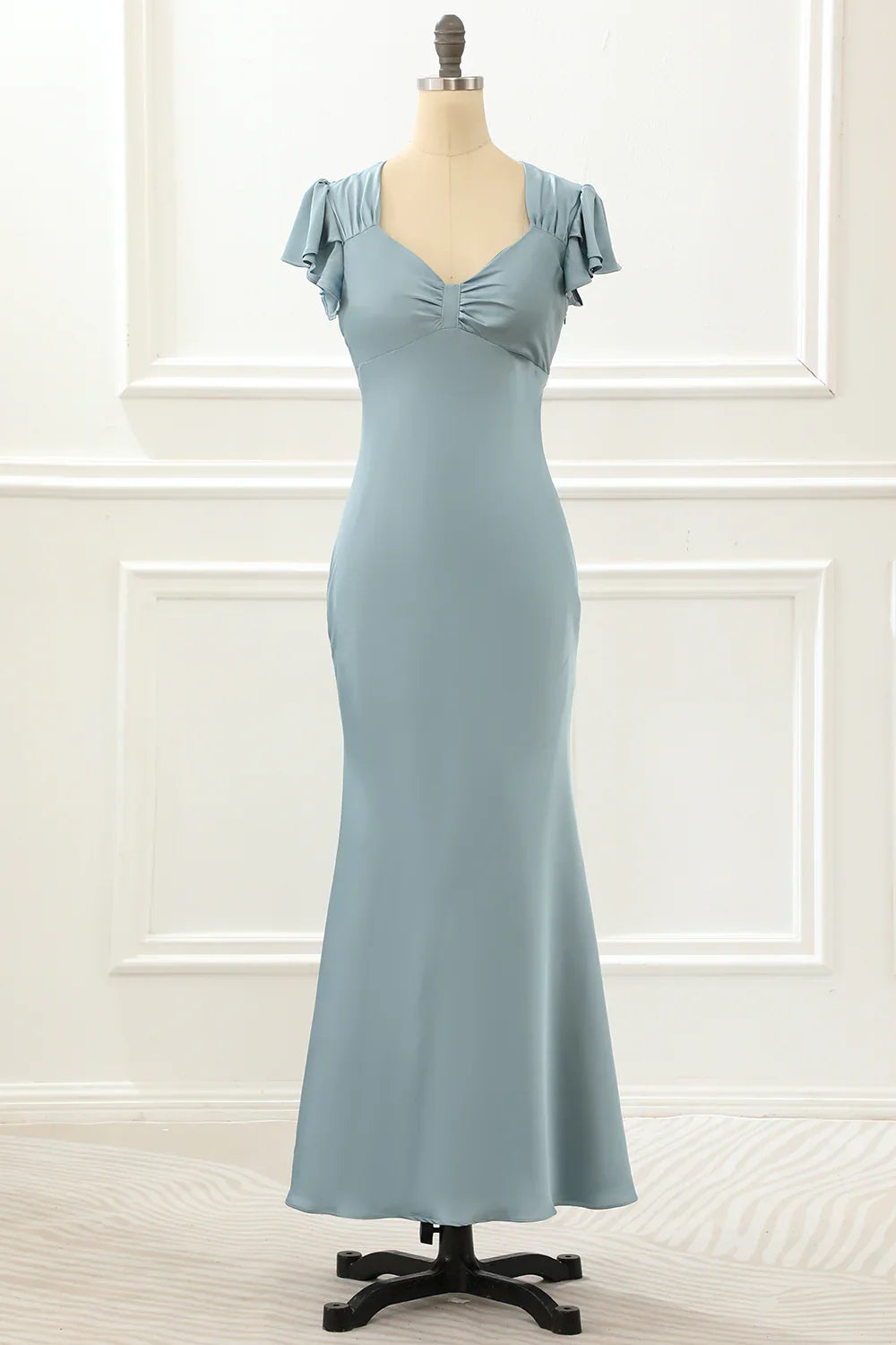 Satin Simple Blue Prom Dress With Ruffles