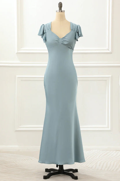 Satin Simple Blue Prom Dress With Ruffles