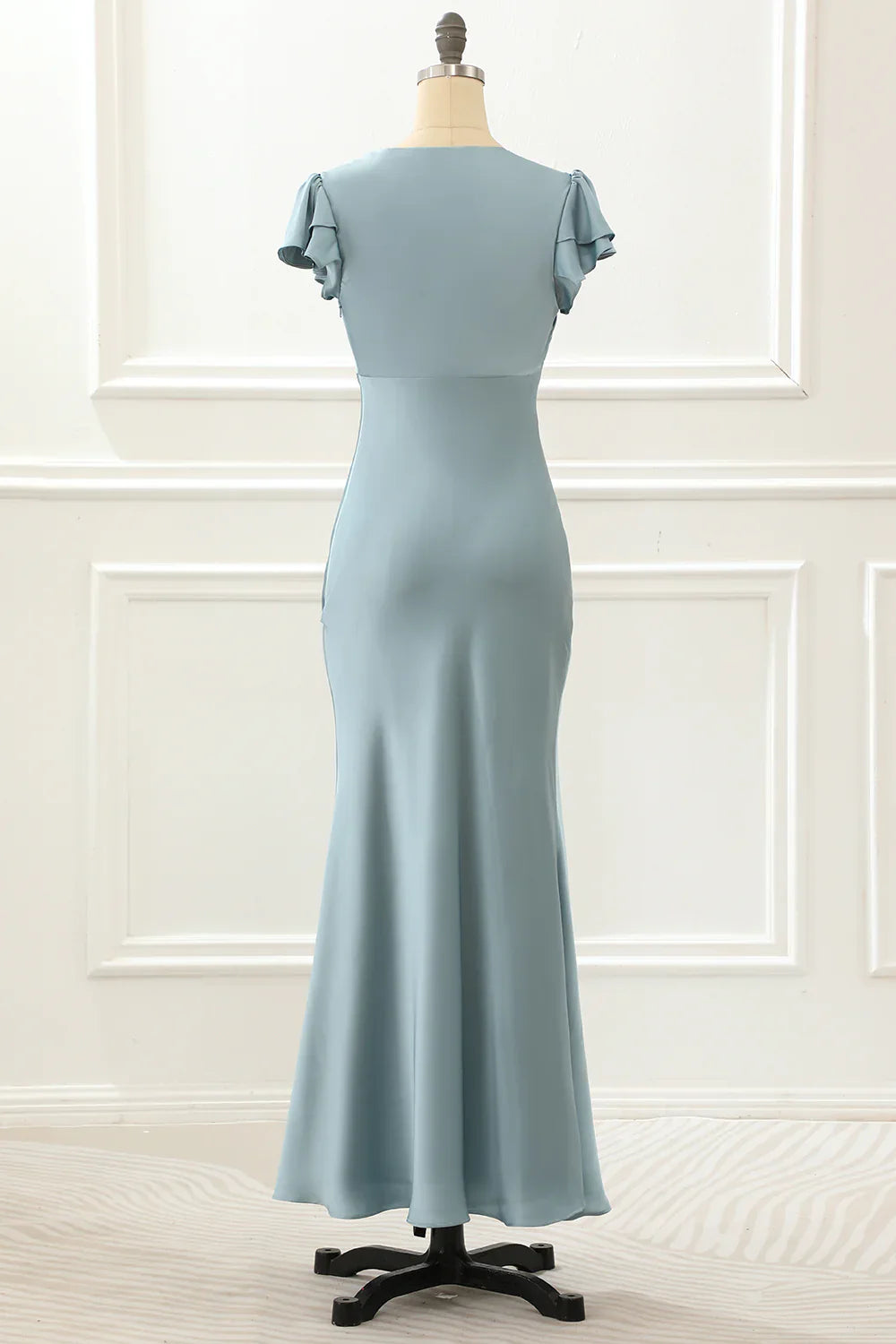 Satin Simple Blue Prom Dress With Ruffles