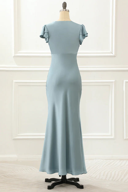 Satin Simple Blue Prom Dress With Ruffles